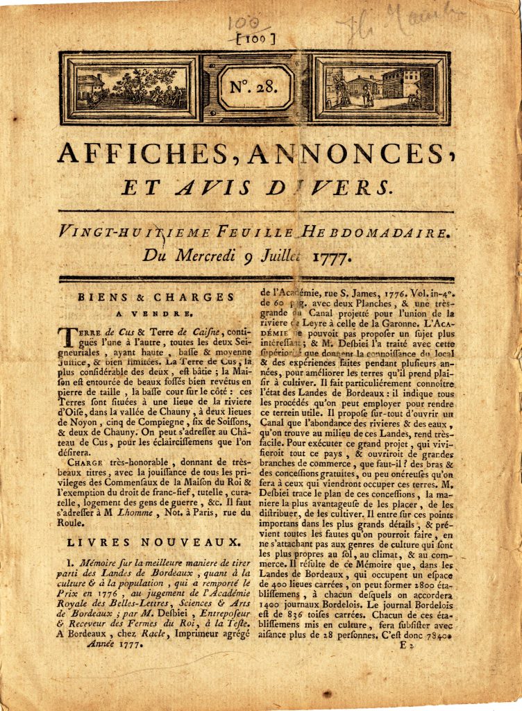 Affiches, Annonces et Avis Divers 1777