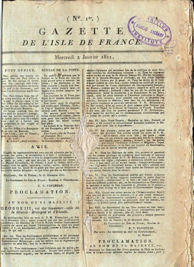 1st Issue of Gazette de L’Isle de France, 2 Jan. 1811