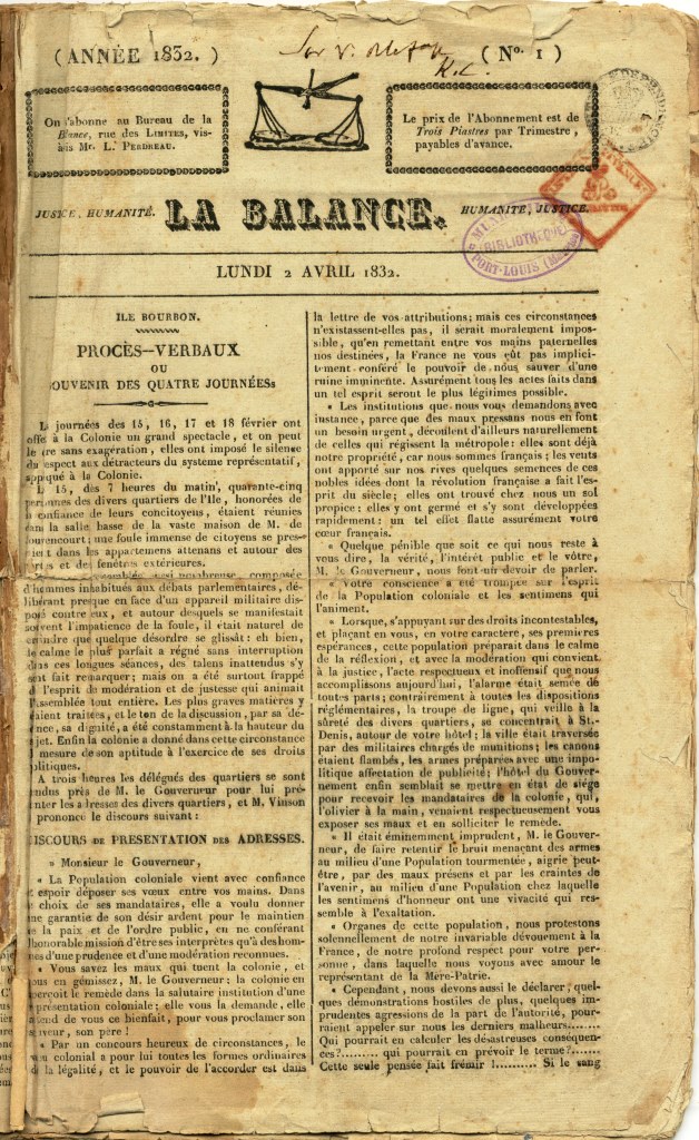 1st Issue of La Balance, 2 Apr. 1832